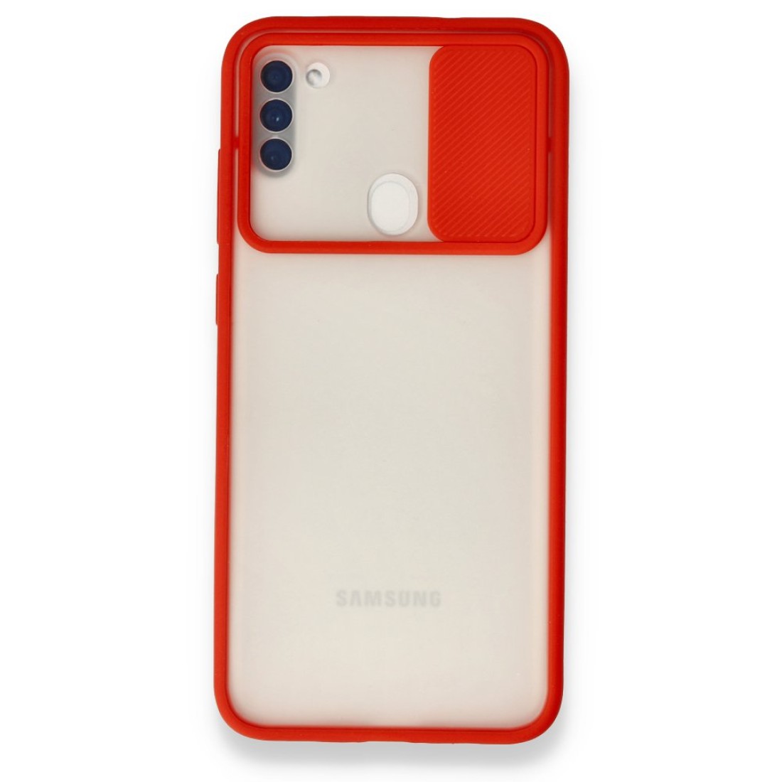  Samsung Galaxy M11 Kılıf Palm Buzlu Kamera Sürgülü Silikon - Kırmızı