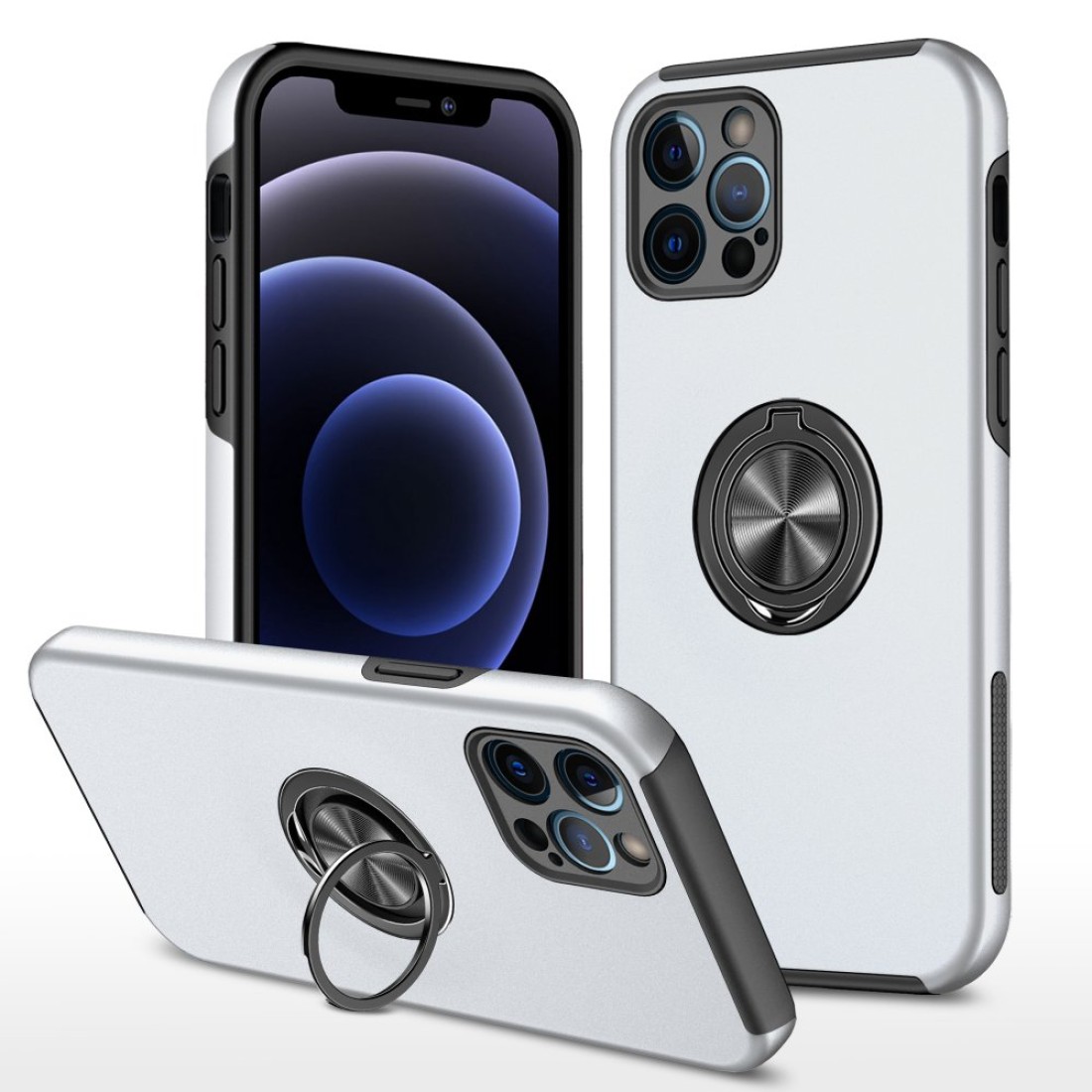  iPhone 12 Pro Kılıf Elit Yüzüklü Kapak - Gümüş