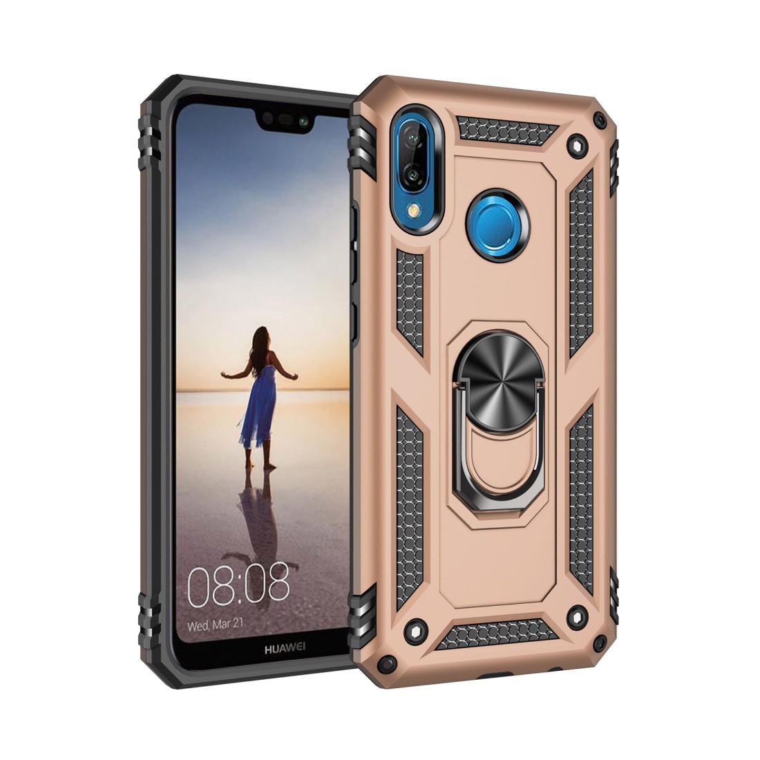  Huawei P20 Lite Kılıf Sofya Yüzüklü Silikon Kapak - Gold