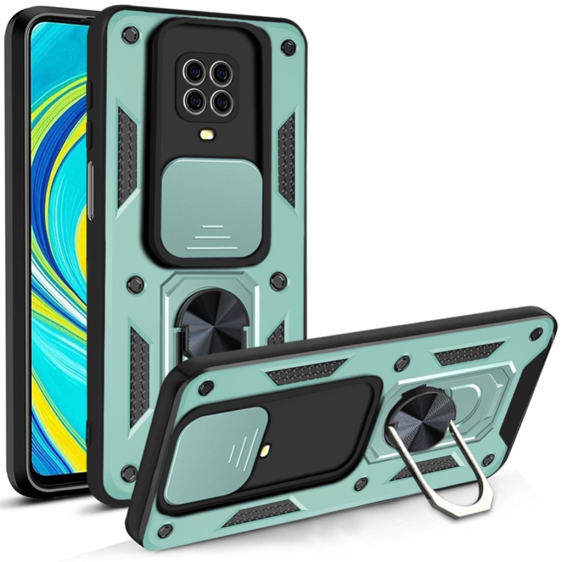  Xiaomi Redmi Note 9S Kılıf Pars Lens Yüzüklü Silikon - Yeşil