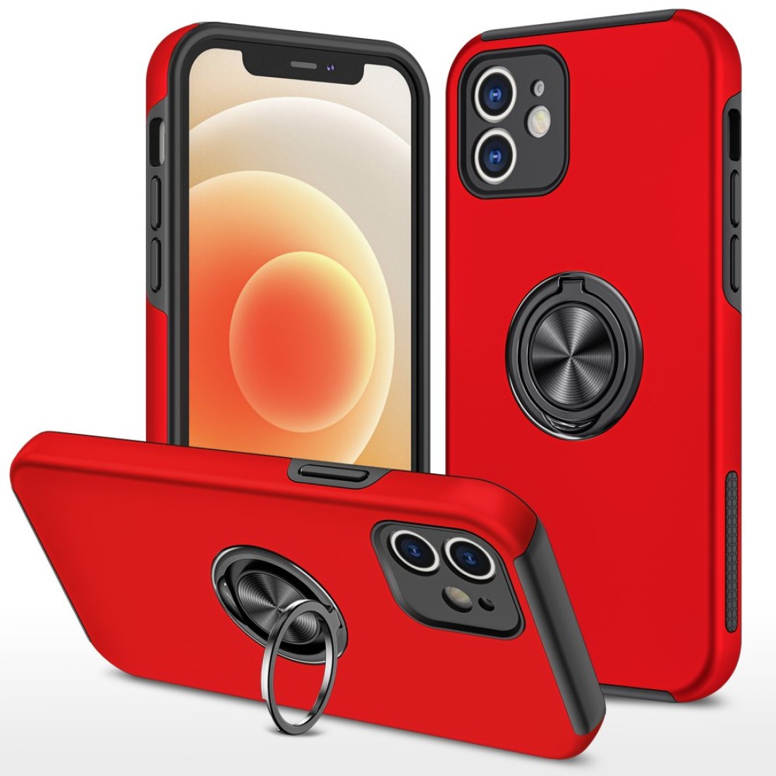  iPhone 12 Kılıf Elit Yüzüklü Kapak - Kırmızı
