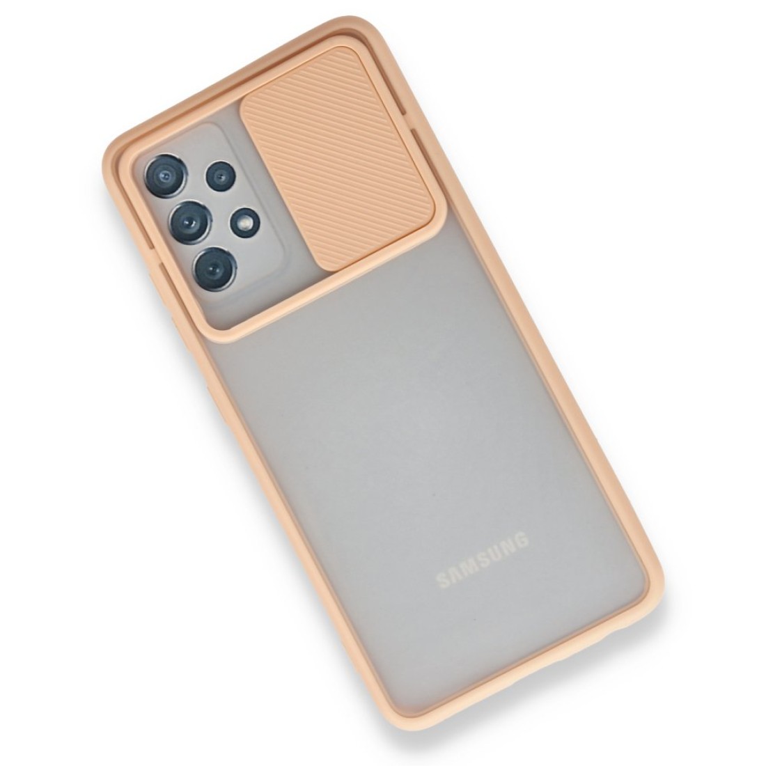 Samsung Galaxy A52 Kılıf Palm Buzlu Kamera Sürgülü Silikon - Pembe Samsung Galaxy A52 Kılıf Palm Buzlu Kamera Sürgülü Silikon - Pembe