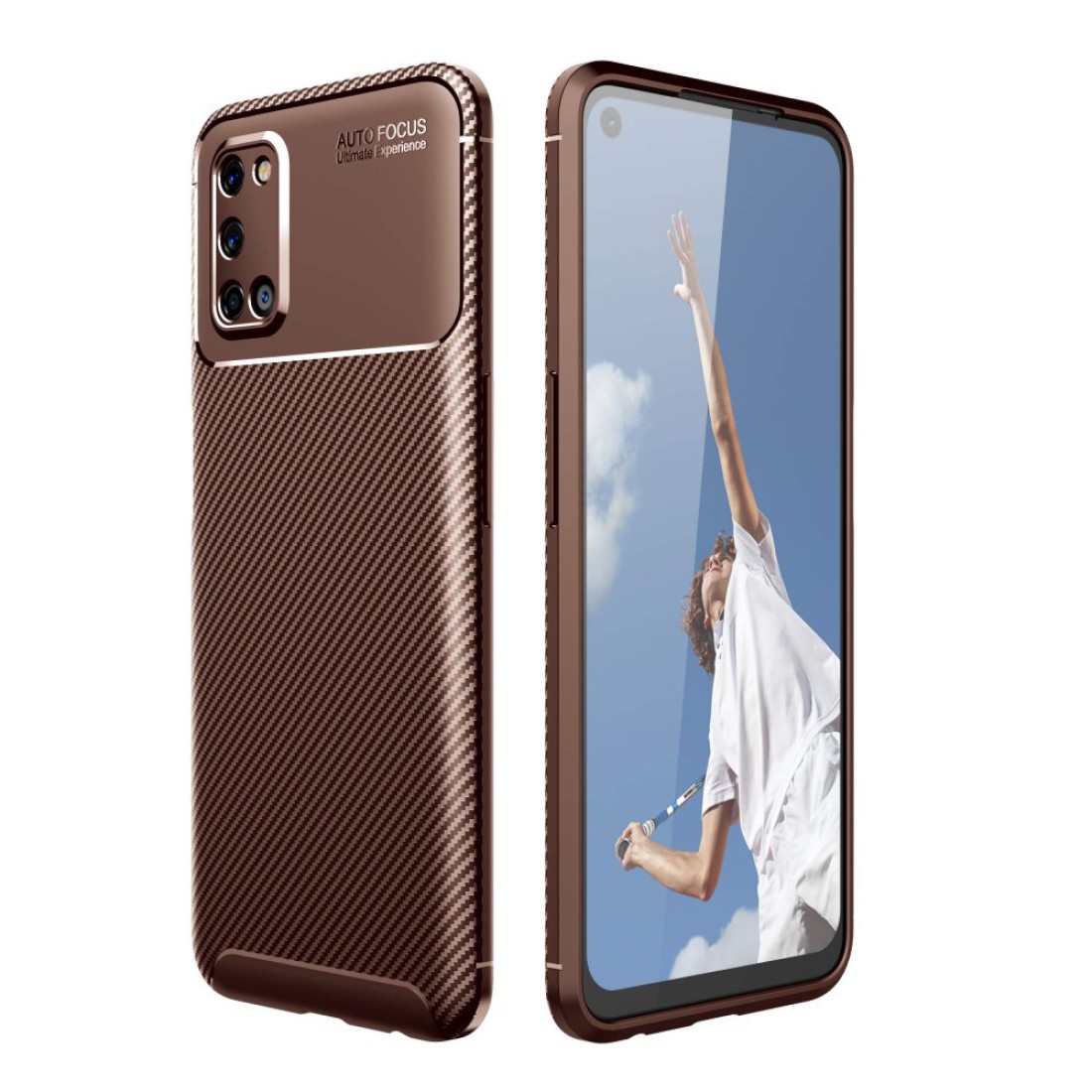  Oppo A92 Kılıf Auto Focus Karbon Kapak - Kahverengi