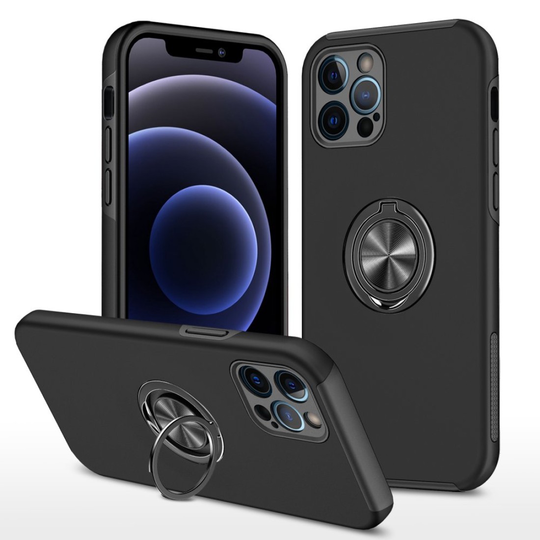  iPhone 12 Pro Kılıf Elit Yüzüklü Kapak - Siyah