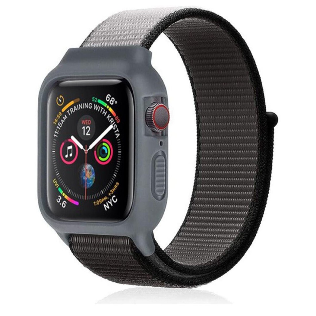  Apple Watch 38mm Hasırlı Cırtcırtlı Kasalı Kordon - Siyah-Gri