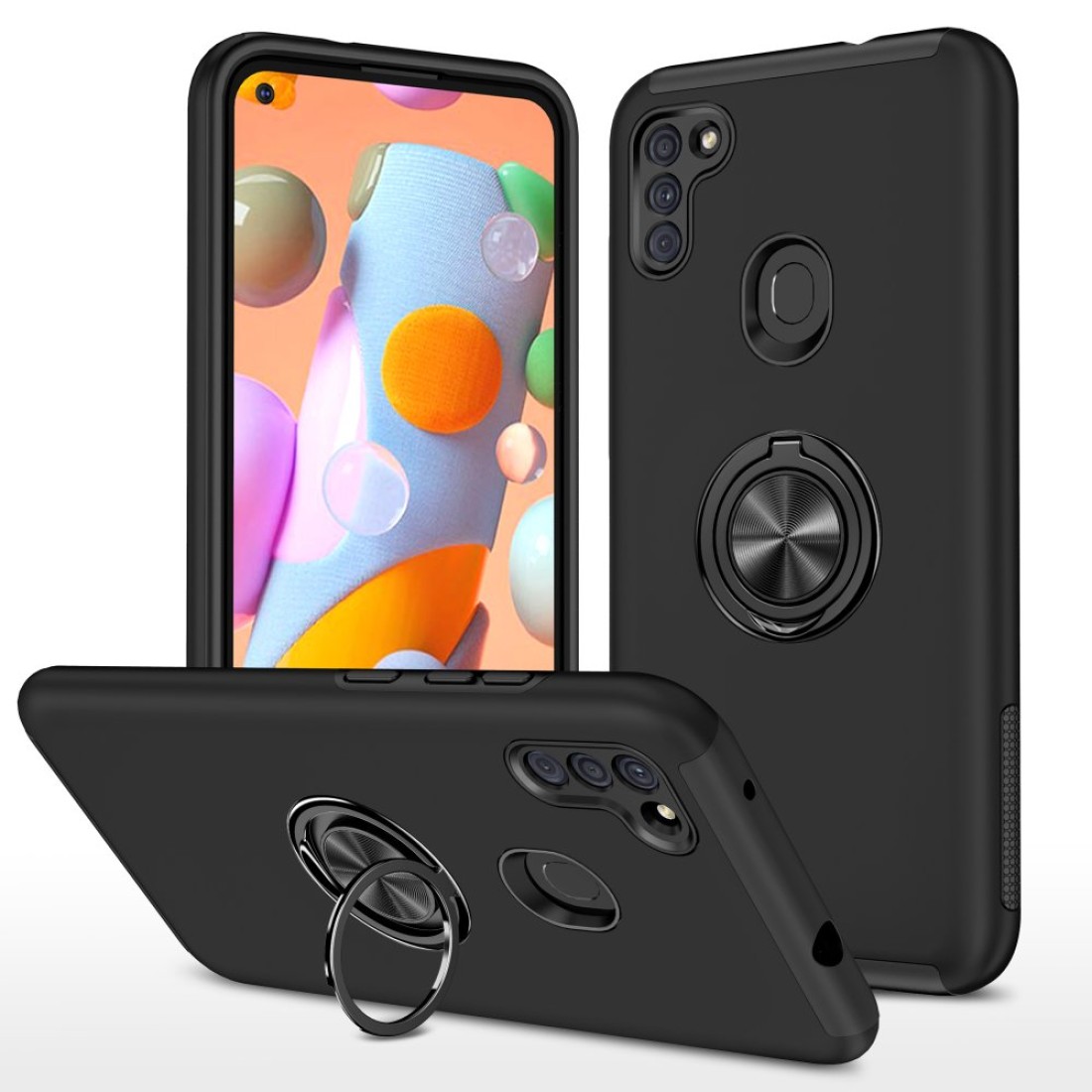  Samsung Galaxy M11 Kılıf Elit Yüzüklü Kapak - Siyah