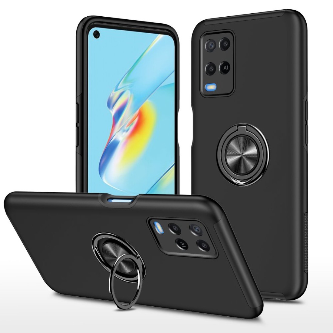  Oppo A54 4G Kılıf Elit Yüzüklü Kapak - Siyah