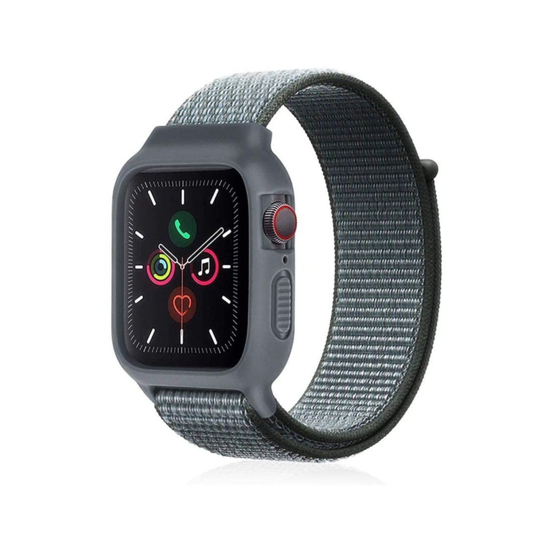  Apple Watch 38mm Hasırlı Cırtcırtlı Kasalı Kordon - Gri-Turkuaz