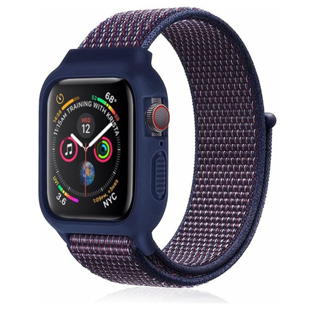  Apple Watch 38mm Hasırlı Cırtcırtlı Kasalı Kordon - Lacivert-Mürdüm
