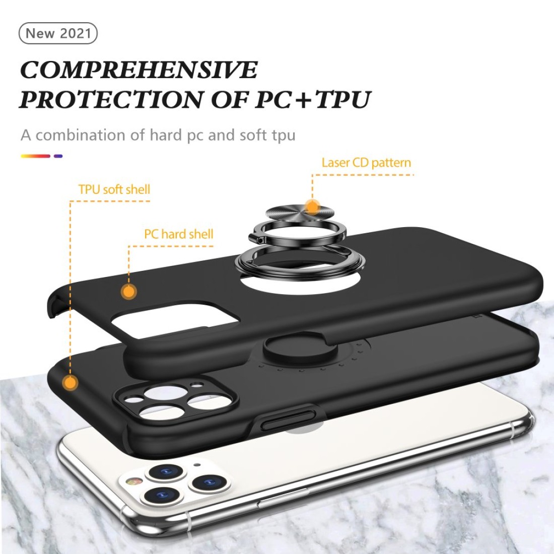  iPhone 11 Pro Kılıf Elit Yüzüklü Kapak - Siyah
