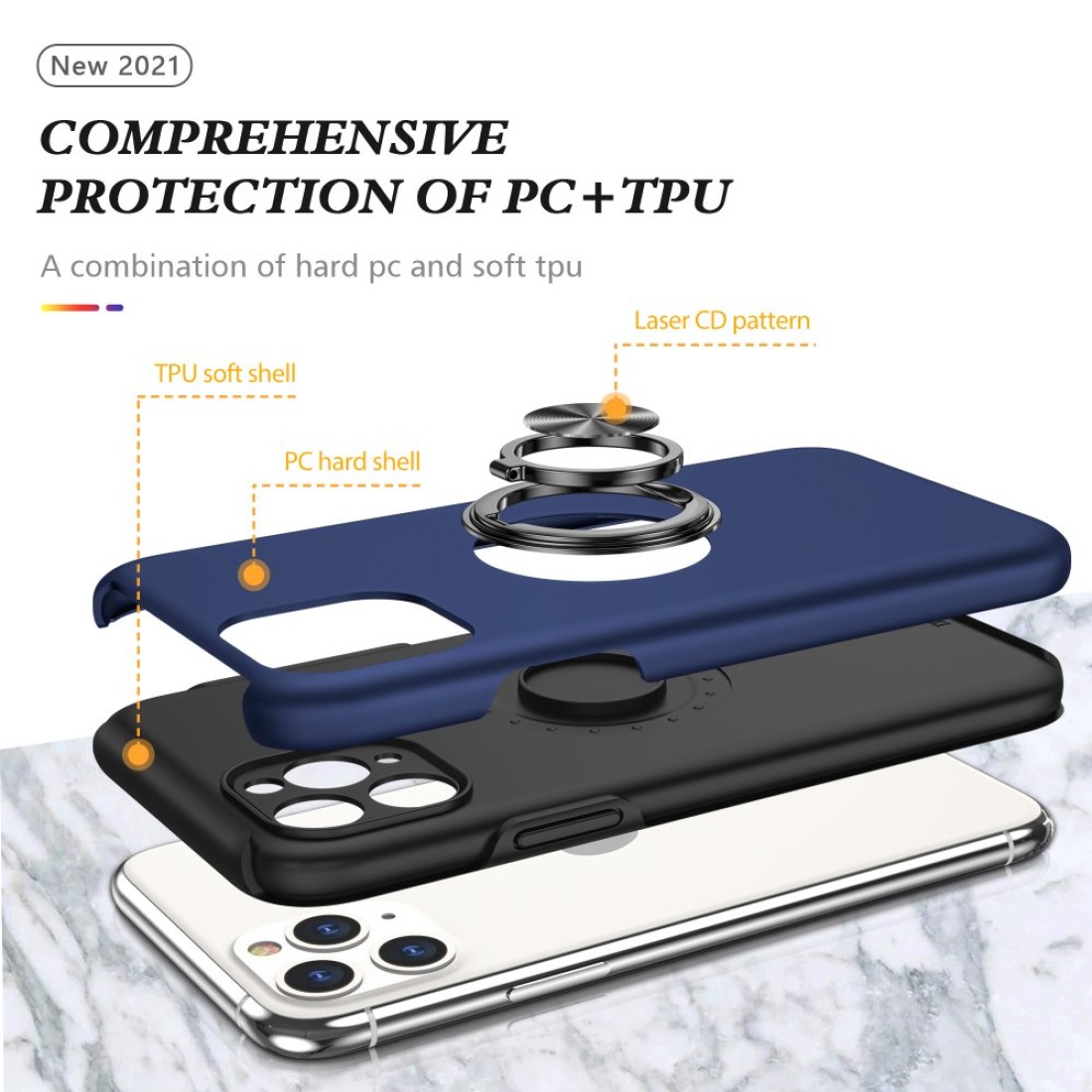  iPhone 11 Pro Kılıf Elit Yüzüklü Kapak - Lacivert