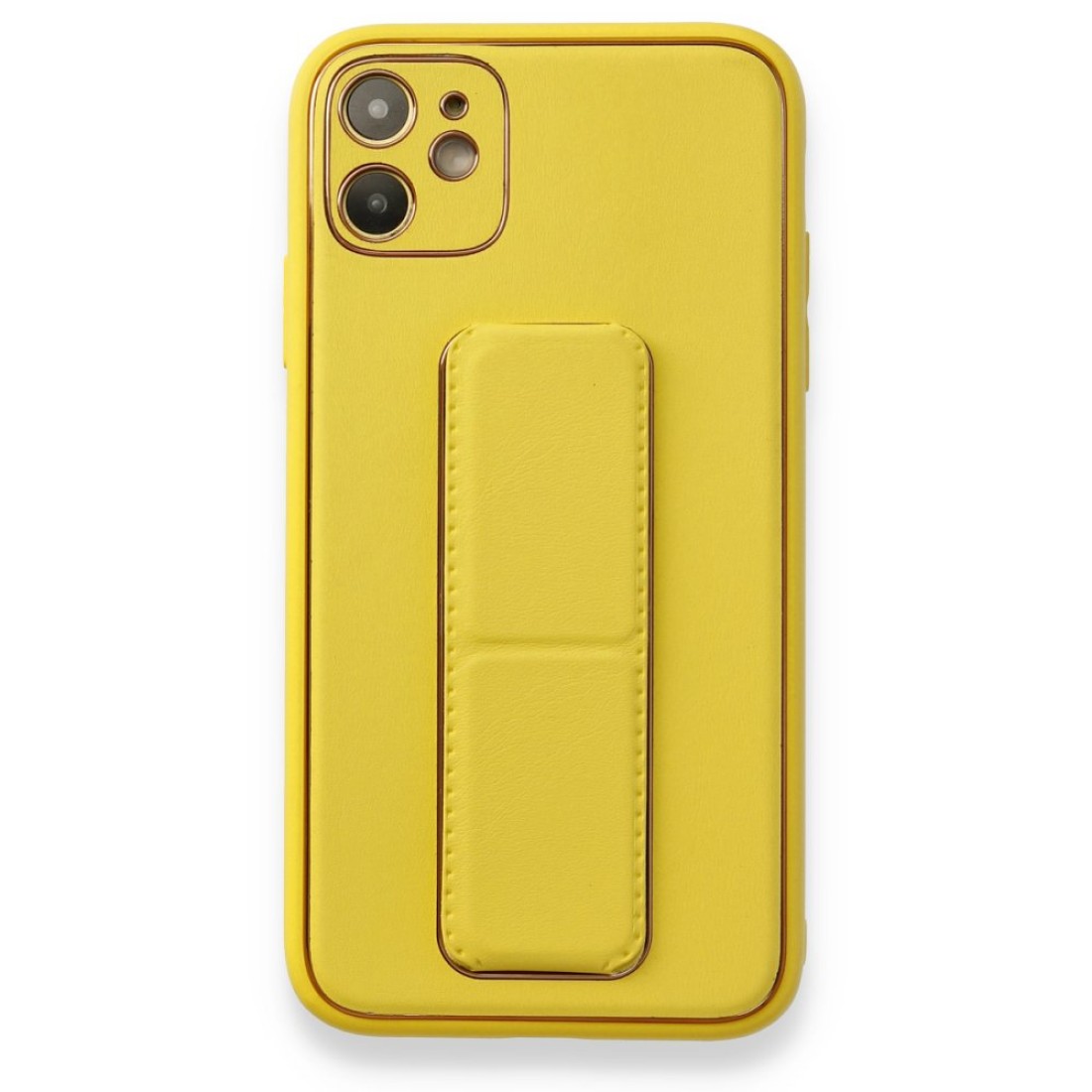  iPhone 12 Kılıf Coco Deri Standlı Kapak - Sarı