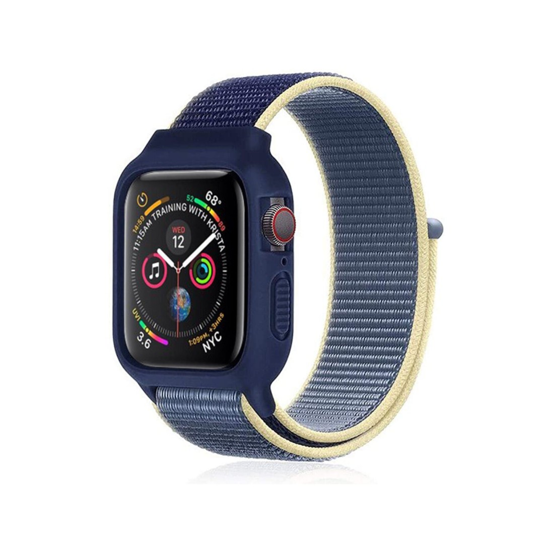 Apple Watch 38mm Hasırlı Cırtcırtlı Kasalı Kordon - Sarı-Lacivert Apple Watch 38mm Hasırlı Cırtcırtlı Kasalı Kordon - Sarı-Lacivert