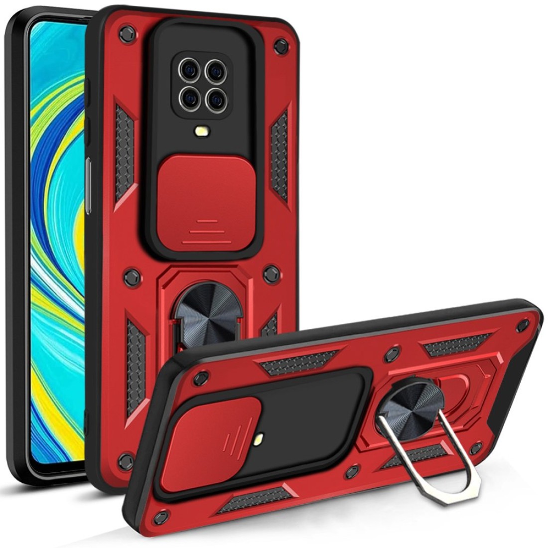  Xiaomi Redmi Note 9S Kılıf Pars Lens Yüzüklü Silikon - Kırmızı