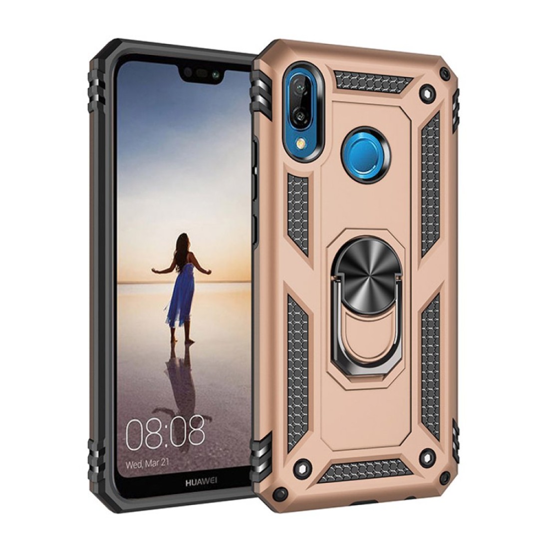  Huawei P20 Lite Kılıf Sofya Yüzüklü Silikon Kapak - Gold