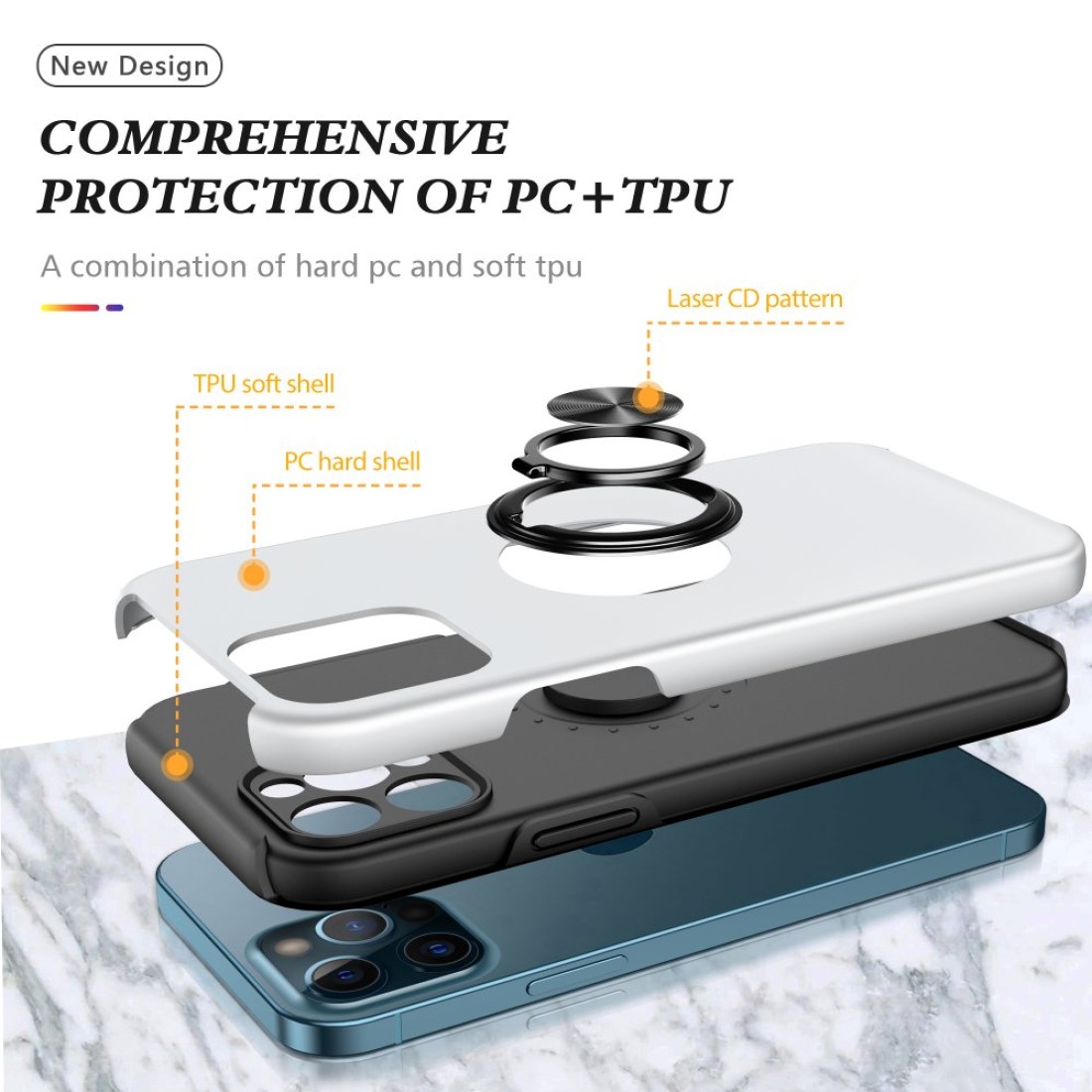  iPhone 12 Pro Kılıf Elit Yüzüklü Kapak - Gümüş