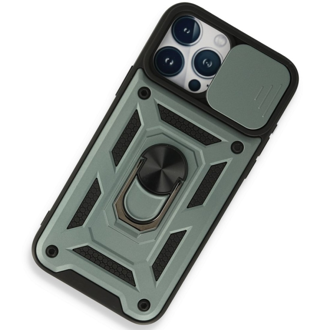  iPhone 15 Pro Max Kılıf Pars Lens Yüzüklü Silikon - Yeşil
