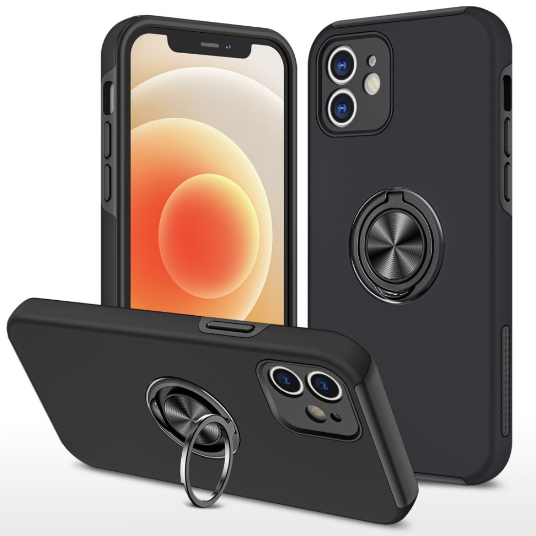 iPhone 12 Kılıf Elit Yüzüklü Kapak - Siyah