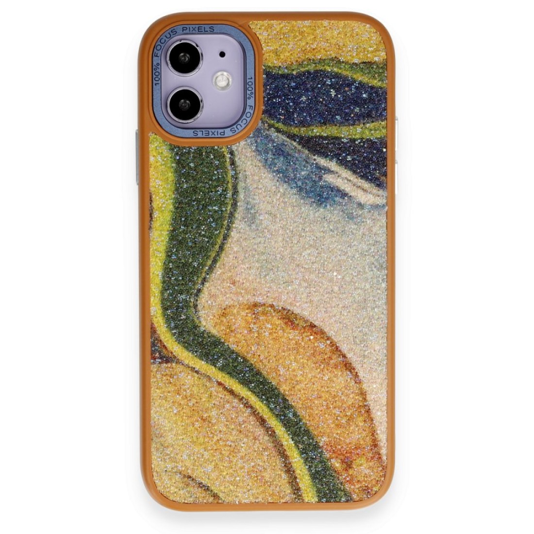  iPhone 12 Kılıf Moda Simli Kapak - Kahverengi