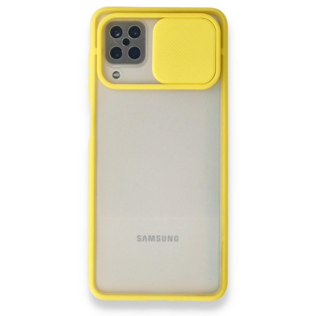  Samsung Galaxy A12 Kılıf Palm Buzlu Kamera Sürgülü Silikon - Sarı