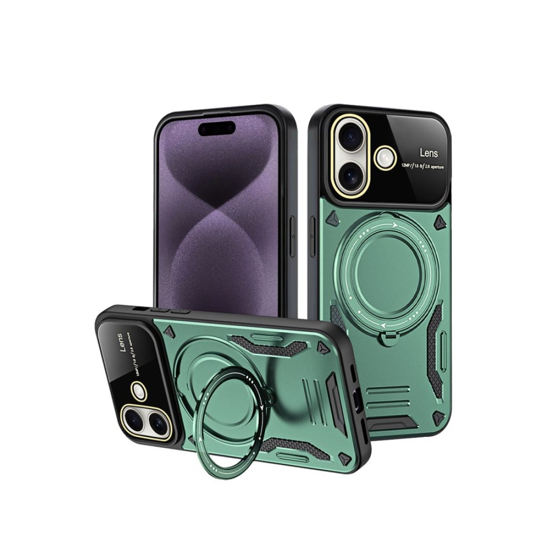  iPhone 16 Kılıf Joy Lens Standlı Kapak - Koyu Yeşil