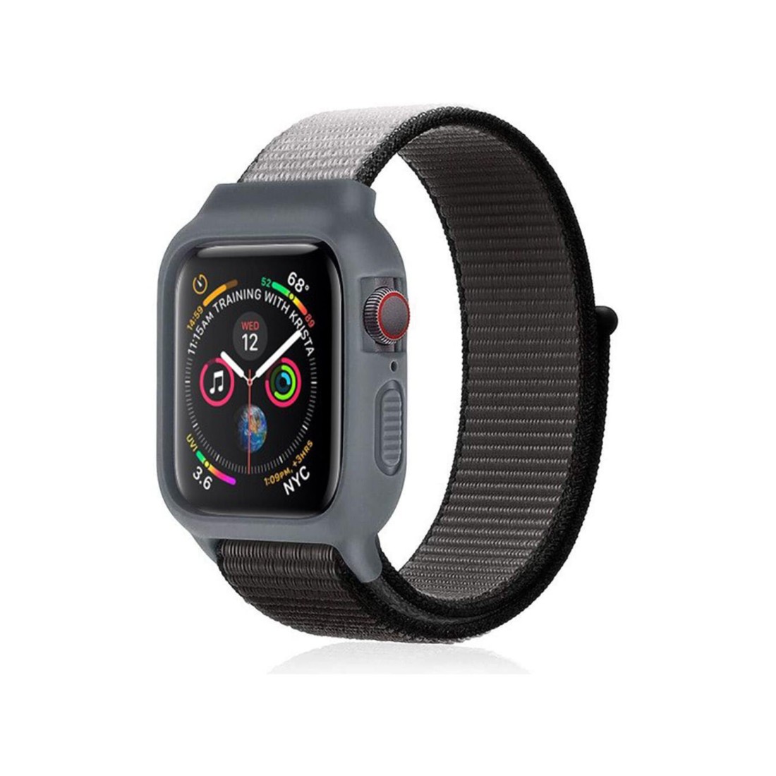  Apple Watch 38mm Hasırlı Cırtcırtlı Kasalı Kordon - Siyah-Gri