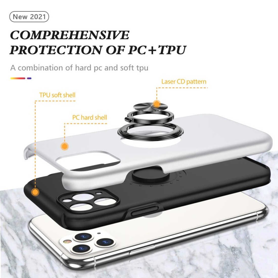  iPhone 11 Pro Kılıf Elit Yüzüklü Kapak - Gümüş