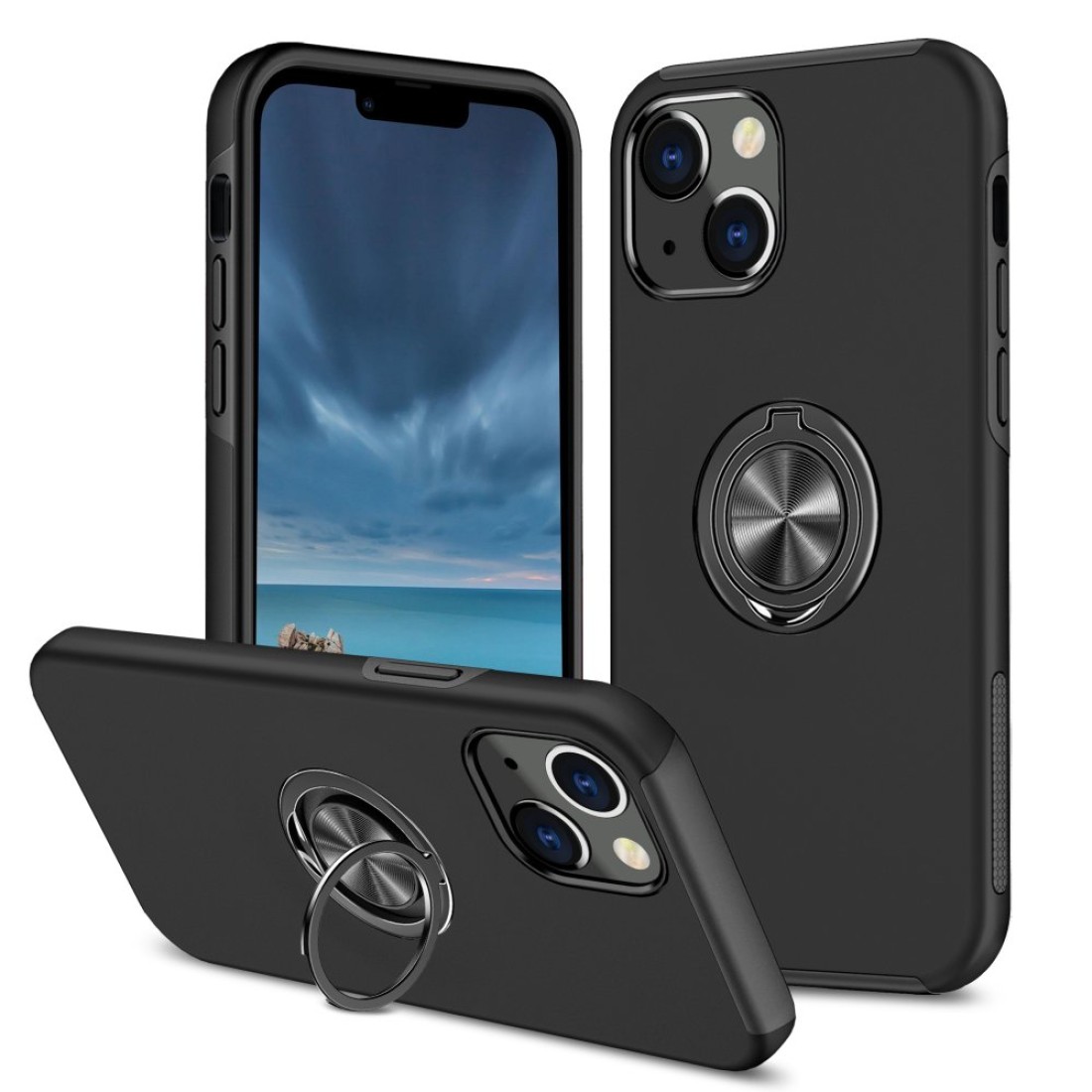  iPhone 13 Kılıf Elit Yüzüklü Kapak - Siyah