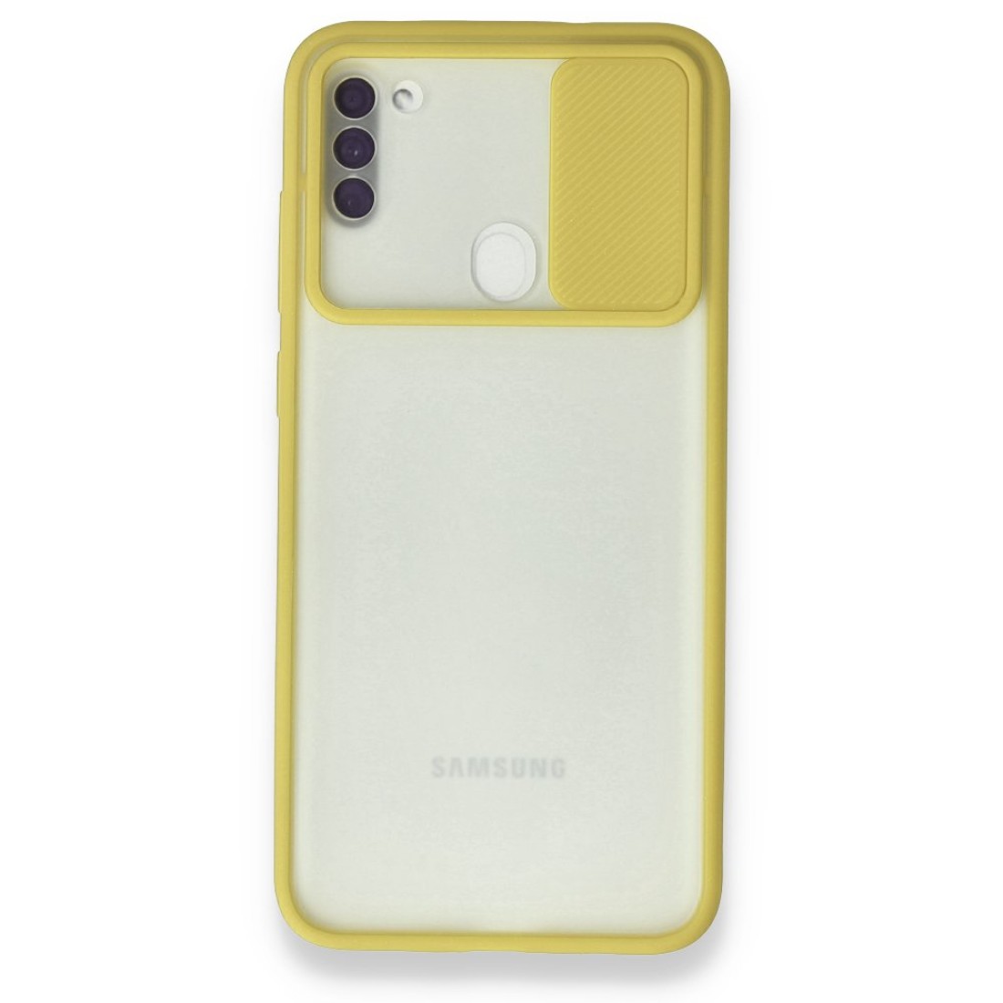  Samsung Galaxy A11 Kılıf Palm Buzlu Kamera Sürgülü Silikon - Sarı