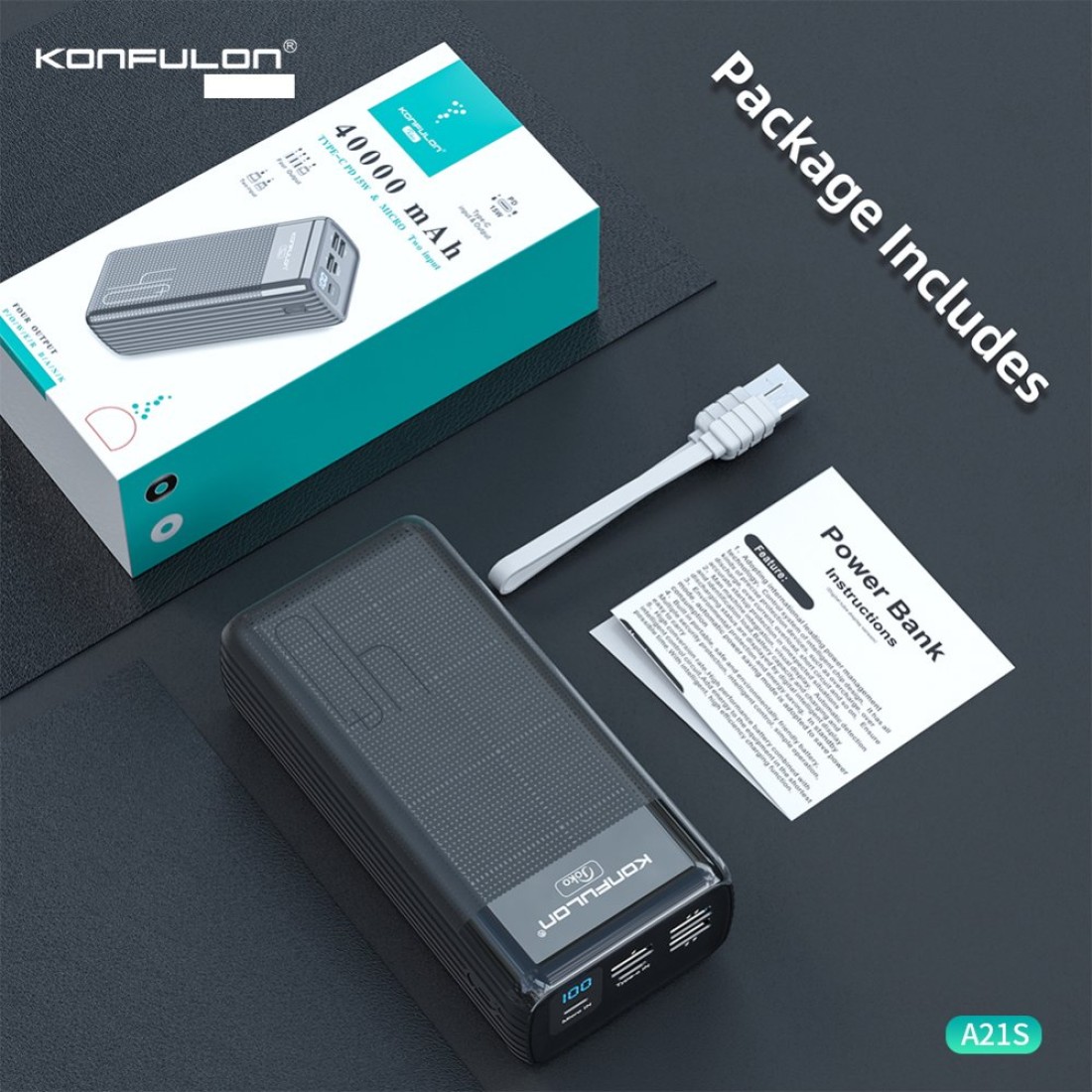 Konfulon A21S Led Işıklı Powerbank 40.000 mAh - Beyaz
