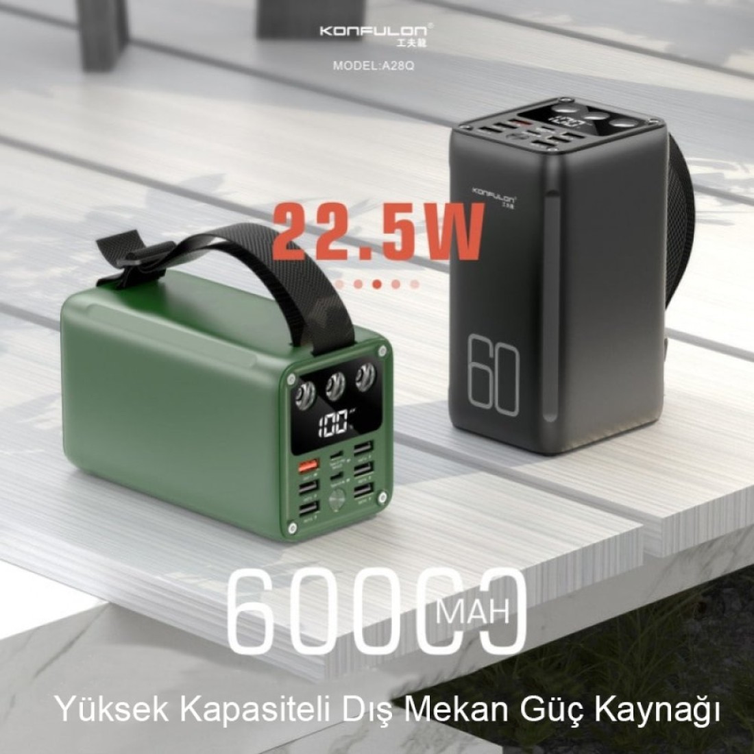 Konfulon A28Q 60.000 mAh 1 Adet 22.5W Usb / 1 Adet 20W Type-C ve 5 Adet 15W Usb Çıkışlı PD Powerbank - Yeşil