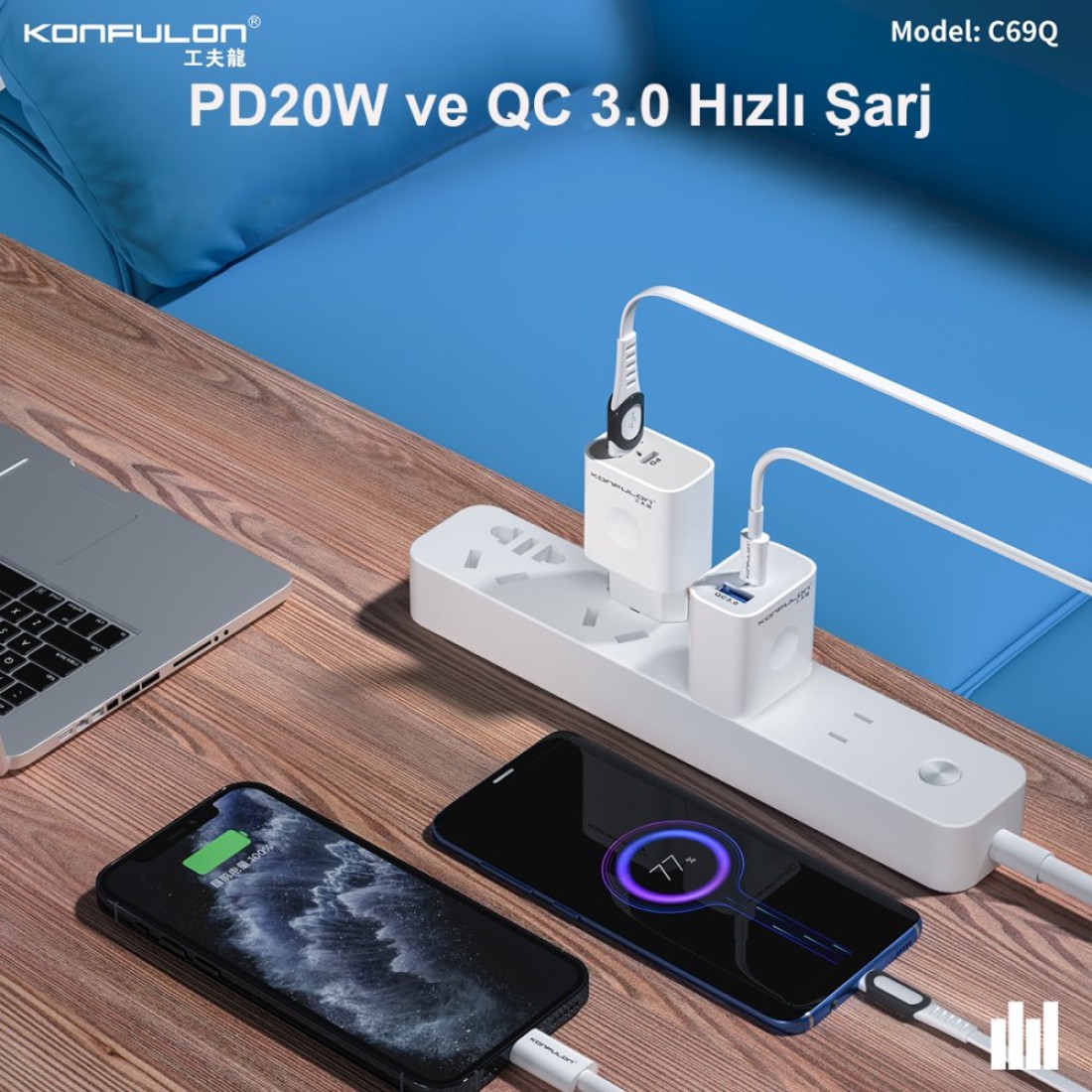 Konfulon C69Q 1 Adet 20W Type-C ve 1 Adet 18W Usb 3.0 Çıkışlı PD Şarj Cihazı
