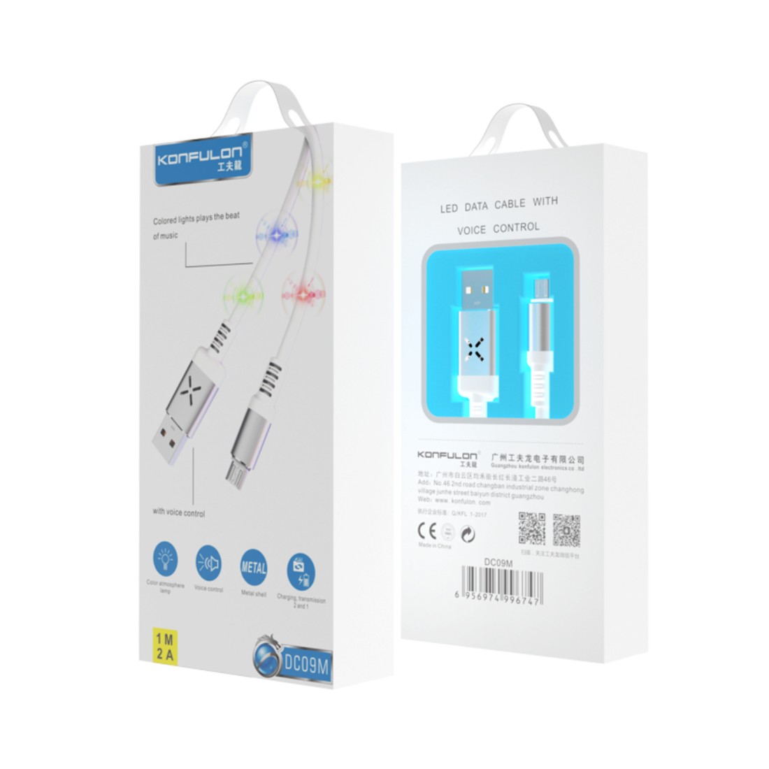 Konfulon DC09 Ses Duyarlı Işıklı Micro USB Kablo 1M 2A - Beyaz