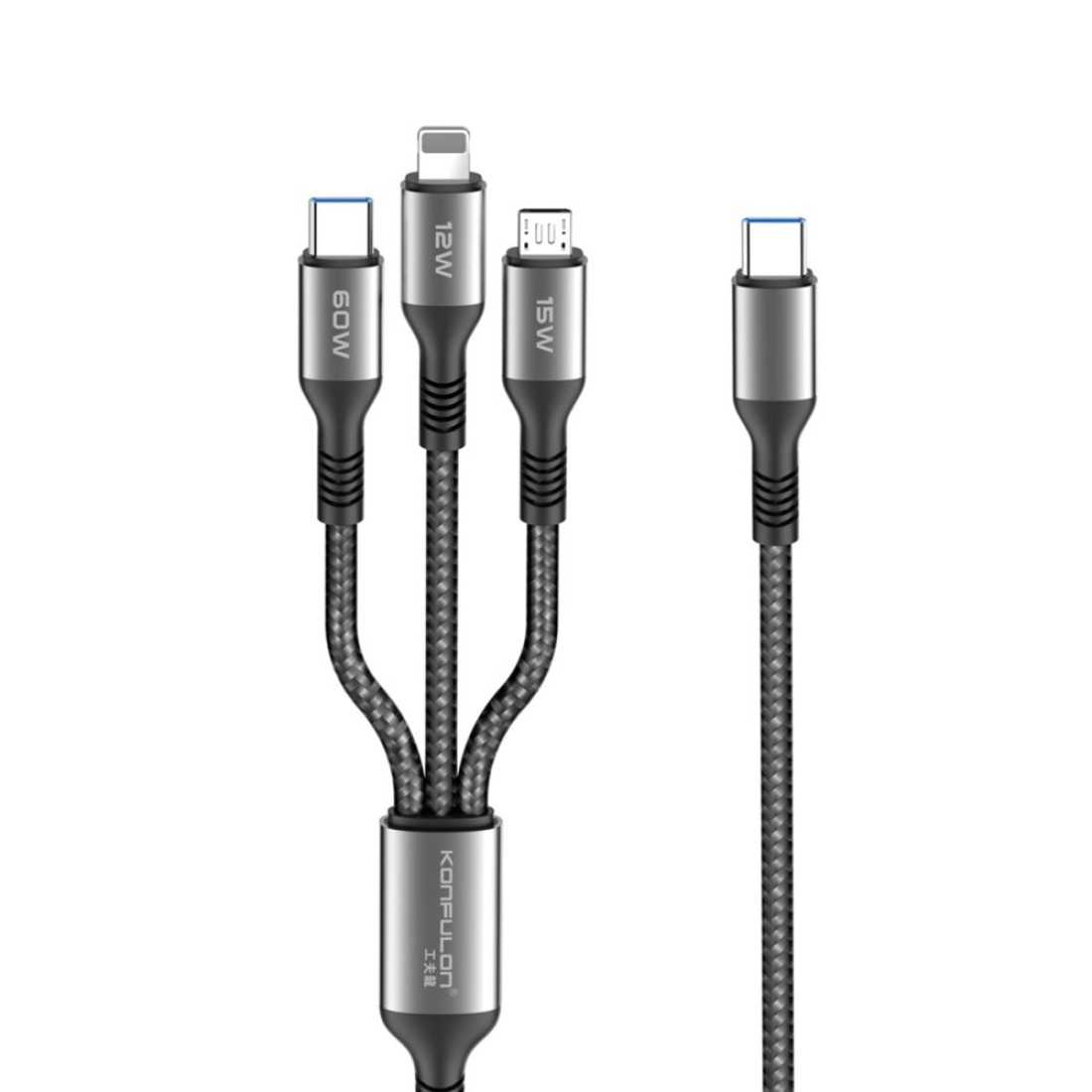 Konfulon DC62 3in1 Type-C to 60W Type-C / 12W Lightning / 15W Micro 1.2M Hızlı Şarj Kablo - Siyah