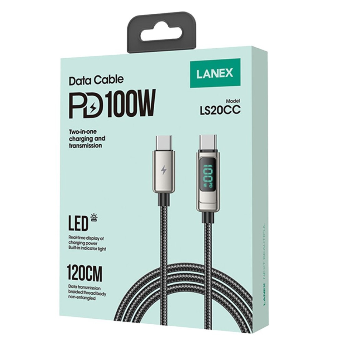 Lanex LS20CC 1.2M 100W Dijital Göstergeli Hasırlı Type-C to Type-C PD Hızlı Şarj Kablosu - Gümüş