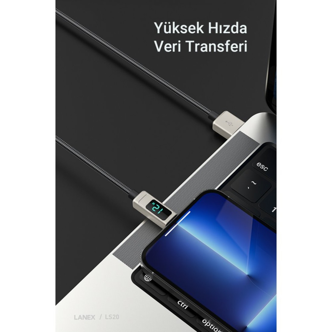 Lanex LS20CL 1.2M 20W Dijital Göstergeli Hasırlı Type-C to Lightning PD Hızlı Şarj Kablosu - Gümüş