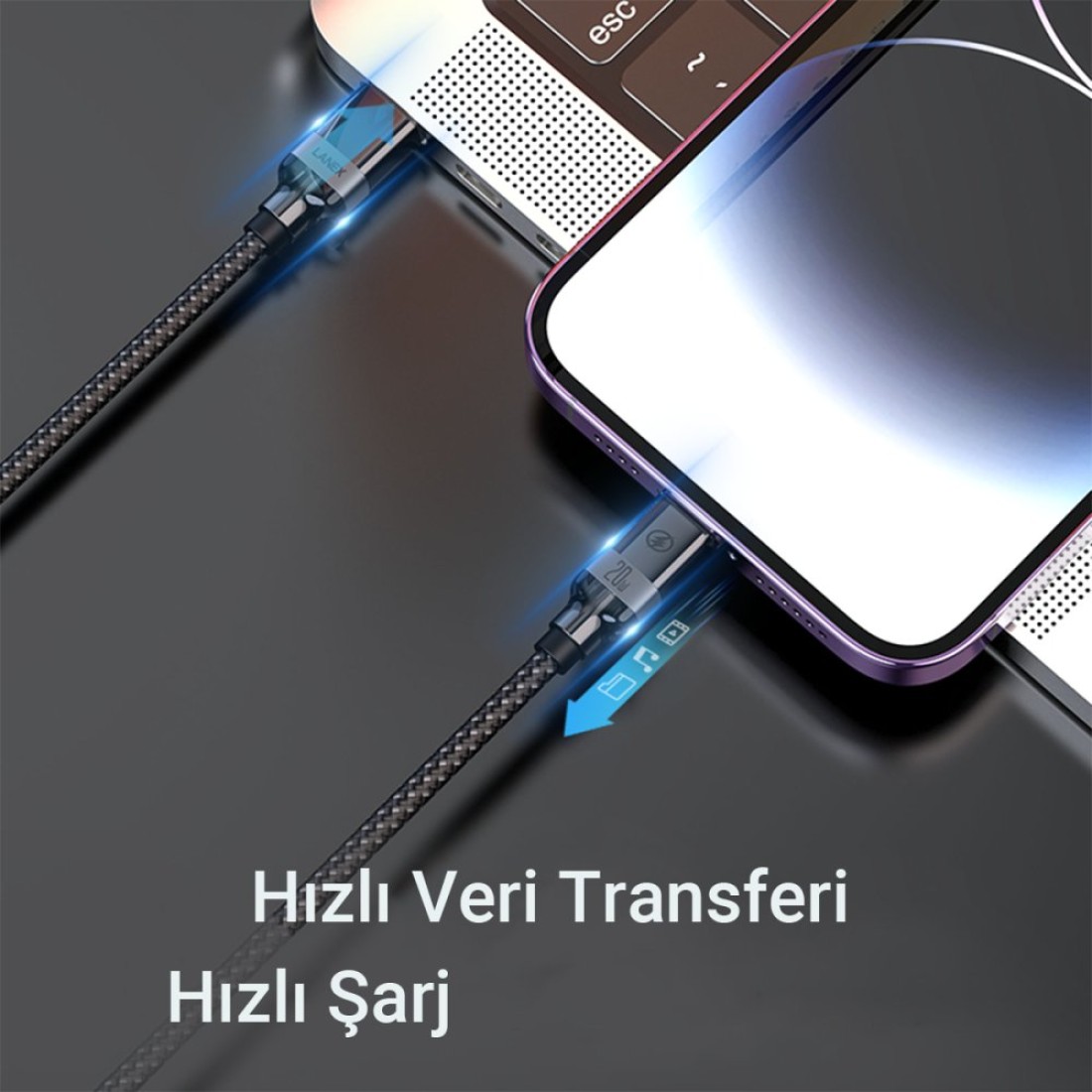 Lanex LS38CC 1.2M 100W Hasırlı Type-C to Type-C PD Hızlı Şarj Kablosu - Siyah - Kılıf's Lanex LS38CC 1.2M 100W Hasırlı Type-C to Type-C PD Hızlı Şarj Kablosu - Siyah