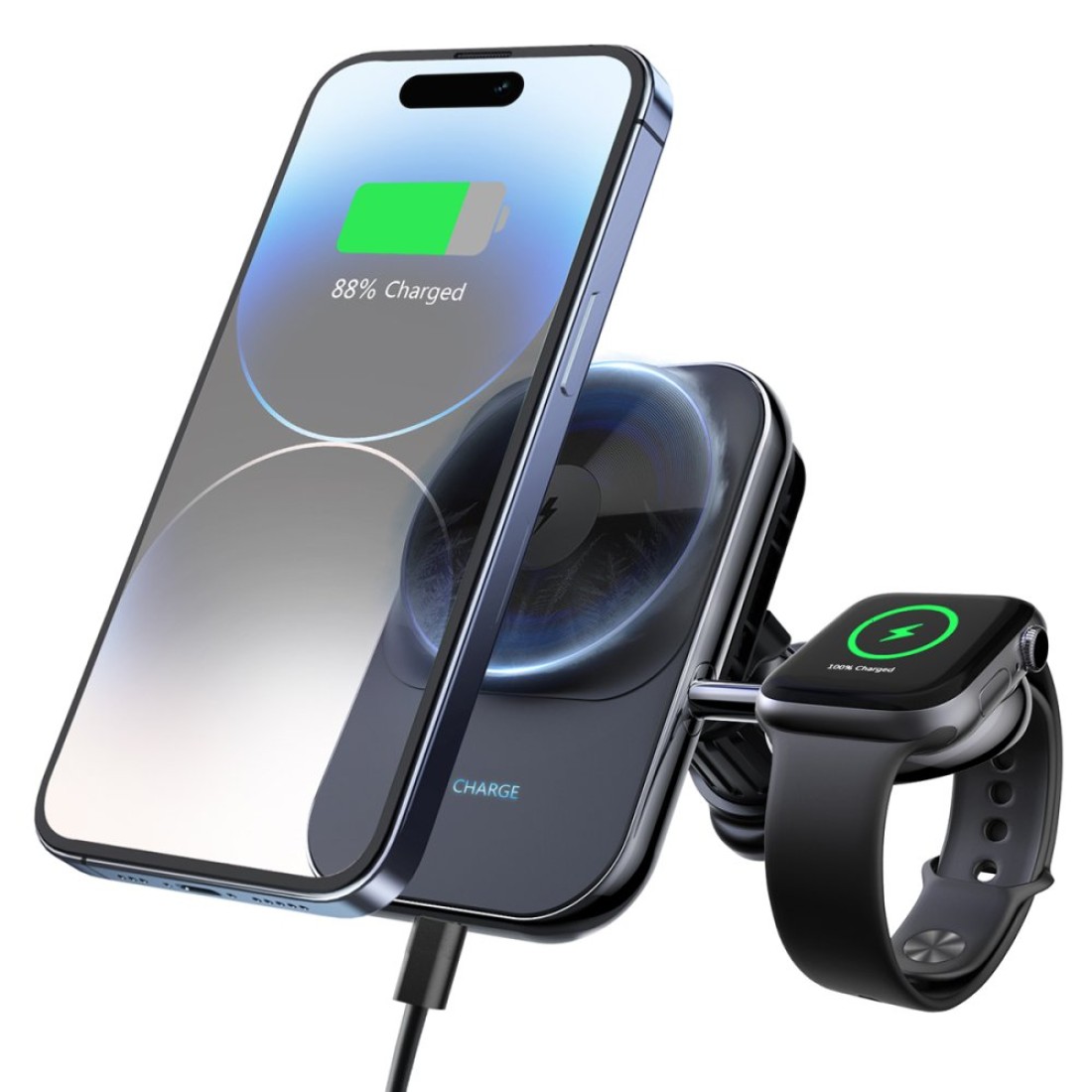 S15 2in1 Izgara Klipsli 15W Telefon ve 5W Apple Watch Kablosuz Şarj Destekli Soğutucu Fanlı Manyetik Magsafe Araç Tutucu - Siyah