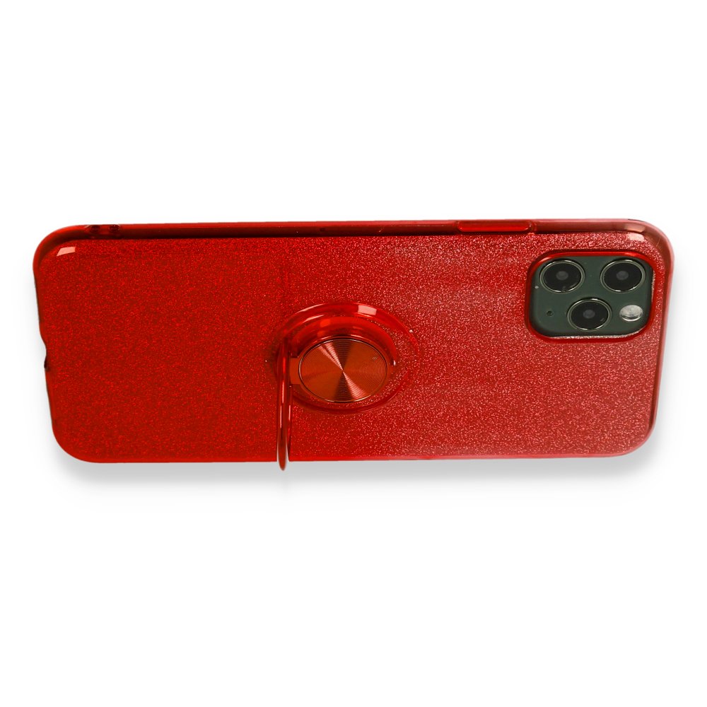  iPhone 11 Pro Max Kılıf Simli Yüzüklü Silikon - Kırmızı