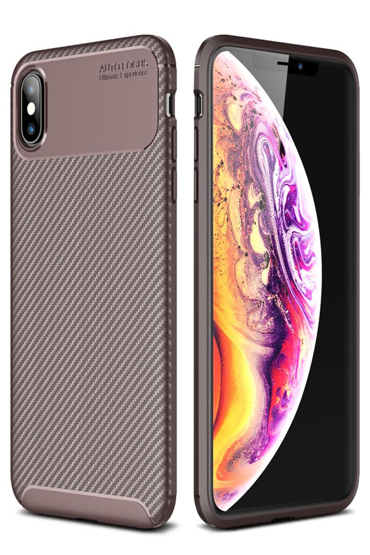 iPhone XS Max Kılıf Auto Focus Karbon Kapak - Kahverengi iPhone XS Max Kılıf Auto Focus Karbon Kapak - Kahverengi