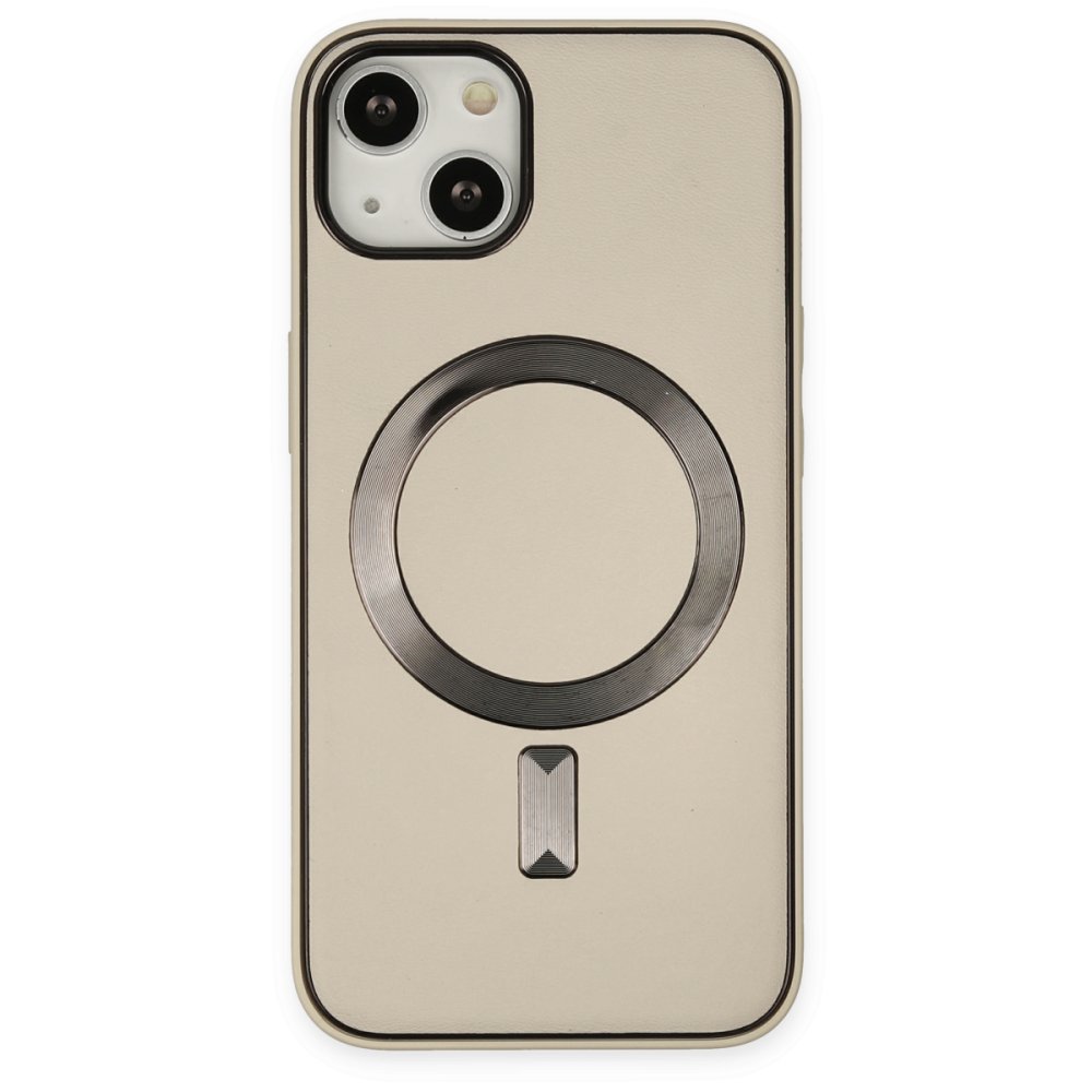  iPhone 14 Kılıf Coco Deri Magneticsafe Silikon - Krem