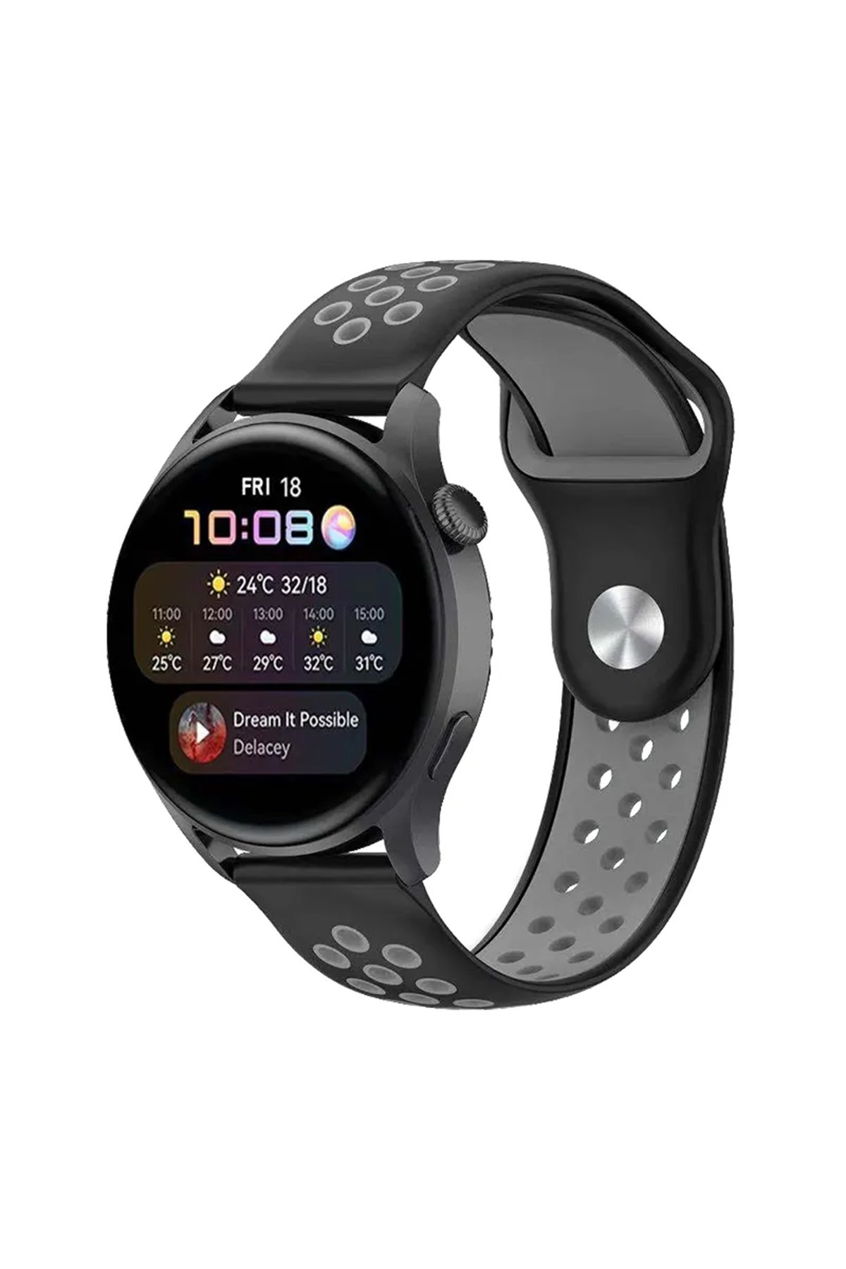  Watch 20mm Spor Delikli Kordon - Siyah-Gri