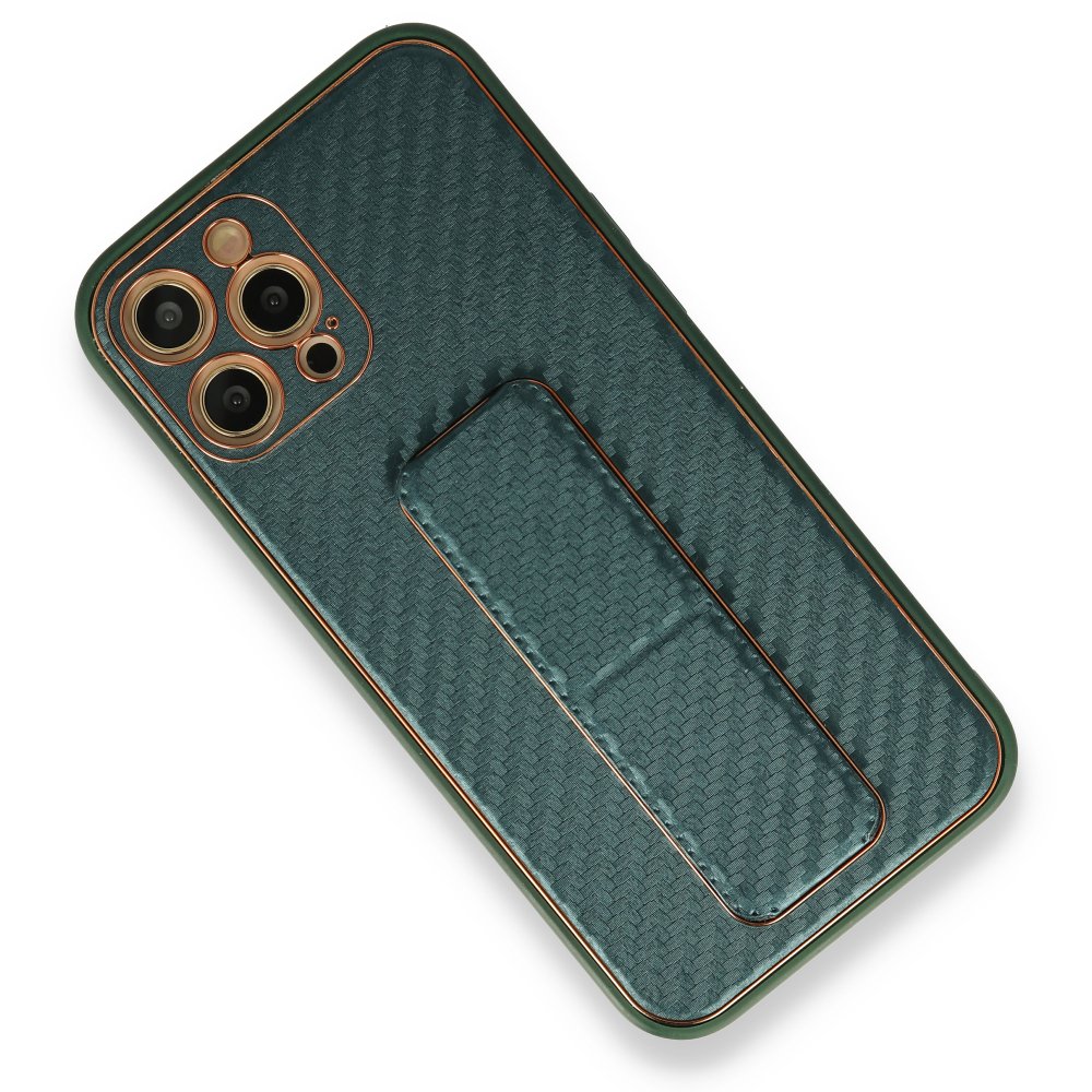  iPhone 12 Pro Max Kılıf Coco Karbon Standlı Kapak - Yeşil