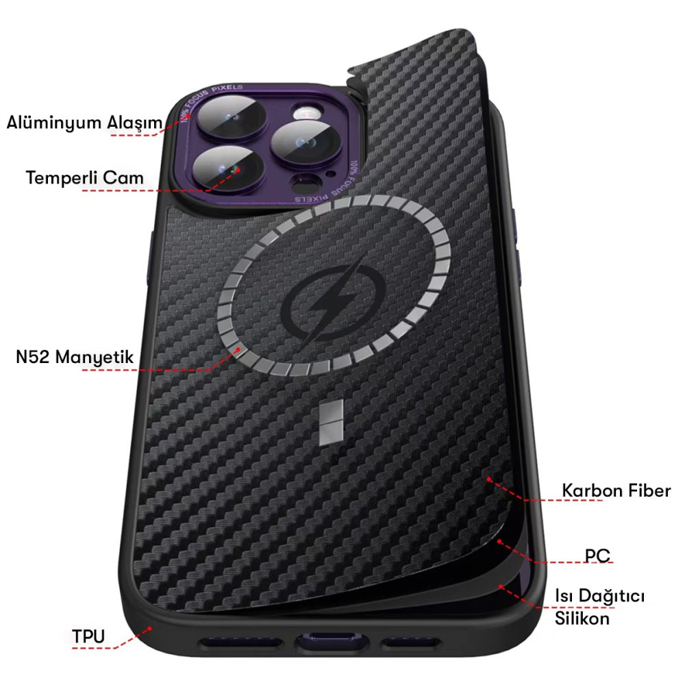 iPhone 14 Pro Kılıf Harbon Magneticsafe Karbon Kapak - Derin Mor  iPhone 14 Pro Kılıf Harbon Magneticsafe Karbon Kapak - Derin Mor