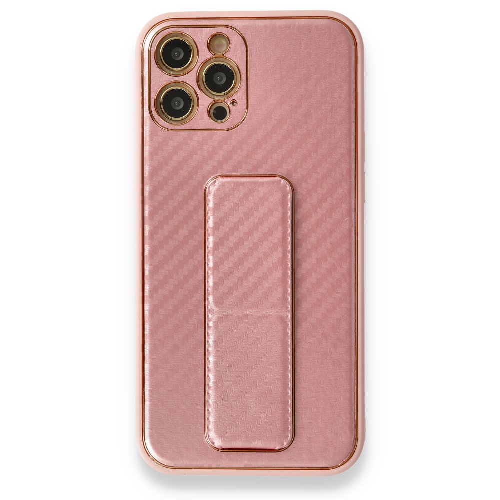  iPhone 12 Pro Max Kılıf Coco Karbon Standlı Kapak - Pembe