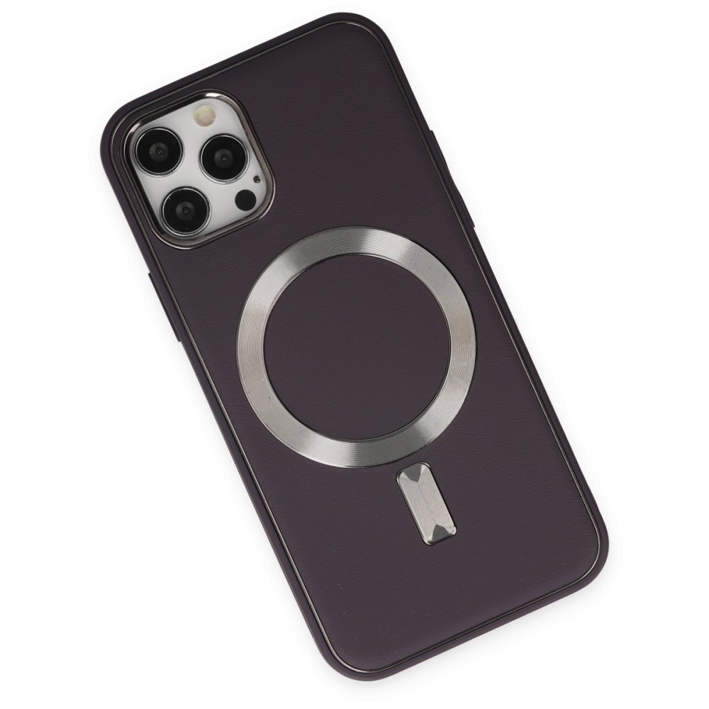  iPhone 12 Pro Max Kılıf Coco Deri Magneticsafe Silikon - Derin Mor