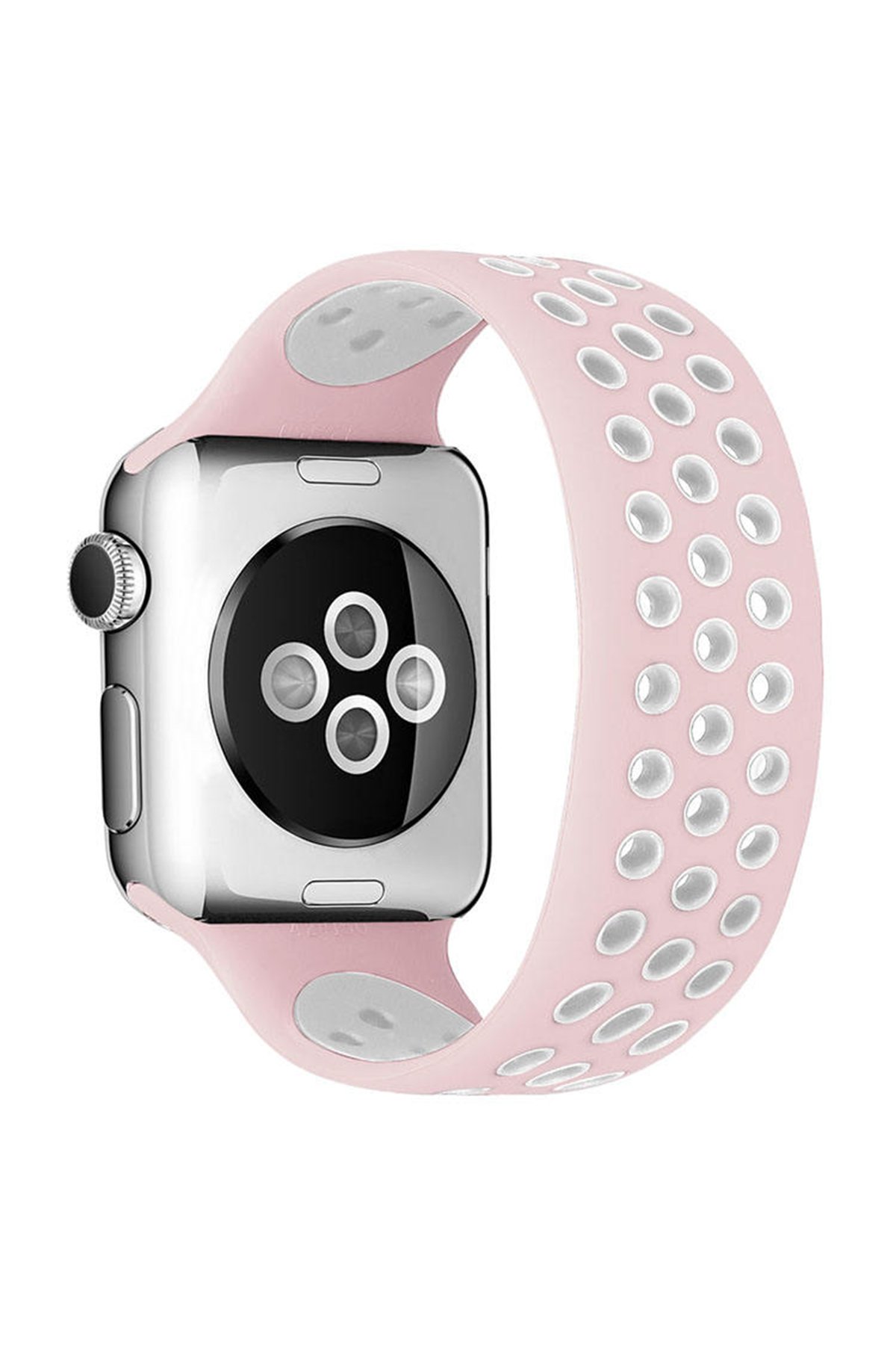 Apple Watch 38mm Ayarlı Delikli Silikon Kordon - Pembe-Beyaz Apple Watch 38mm Ayarlı Delikli Silikon Kordon - Pembe-Beyaz