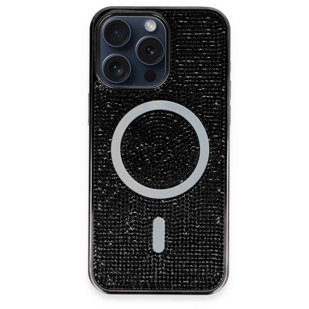  iPhone 15 Pro Max Kılıf Diamond Magsafe Kapak - Siyah-Rainbow