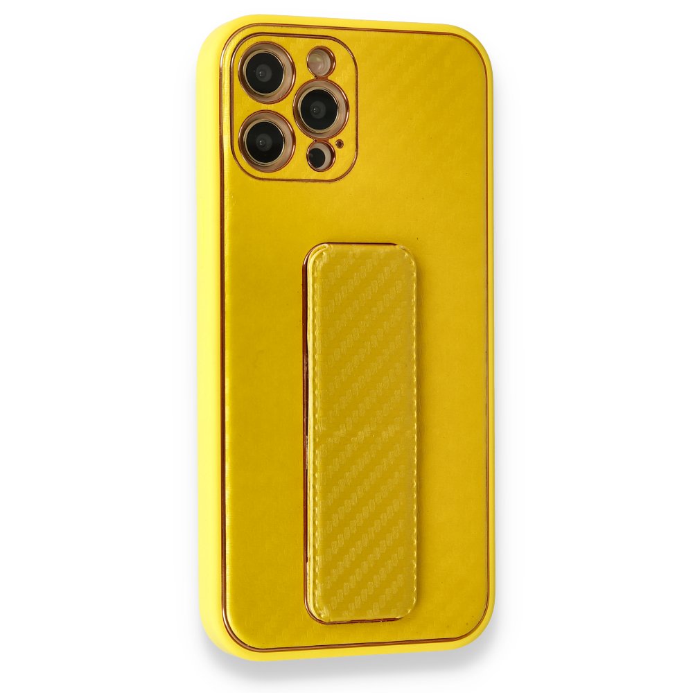  iPhone 12 Pro Max Kılıf Coco Karbon Standlı Kapak - Sarı