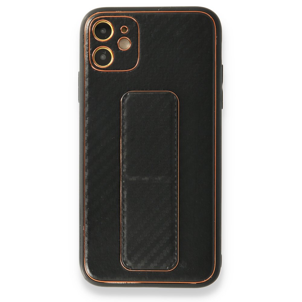 iPhone 12 Kılıf Coco Karbon Standlı Kapak - Siyah iPhone 12 Kılıf Coco Karbon Standlı Kapak - Siyah